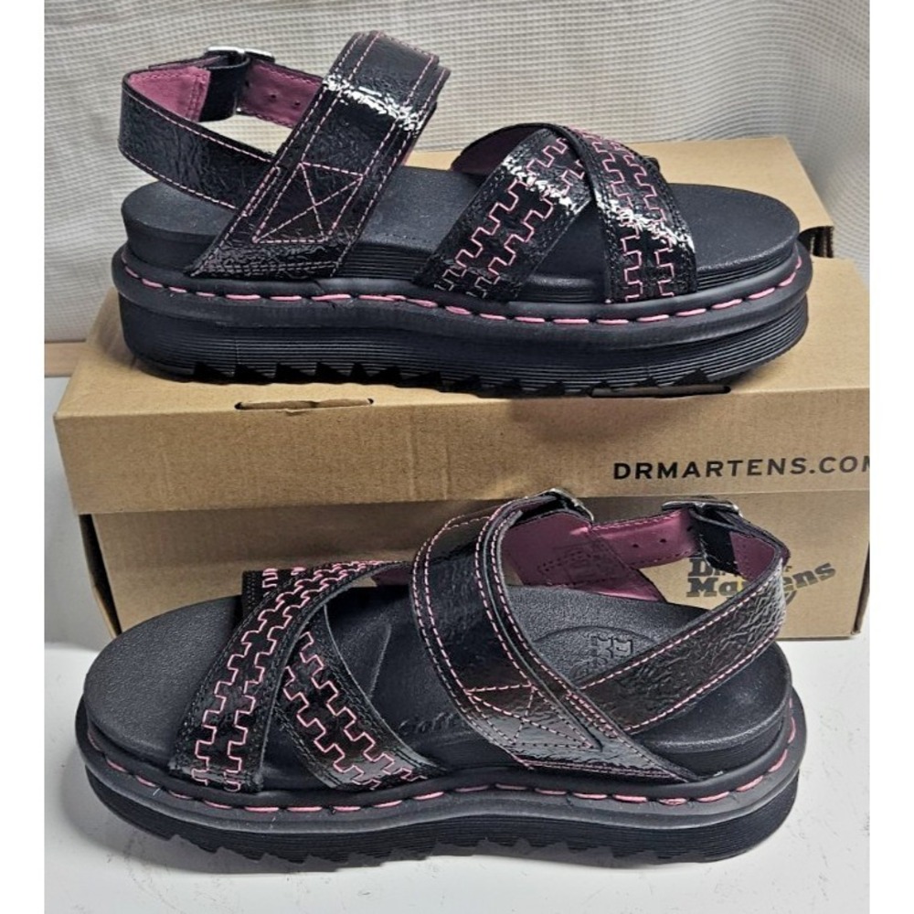 Dr. Martens Women's Voss II Sandal Black Distressed Patent  6 US Women